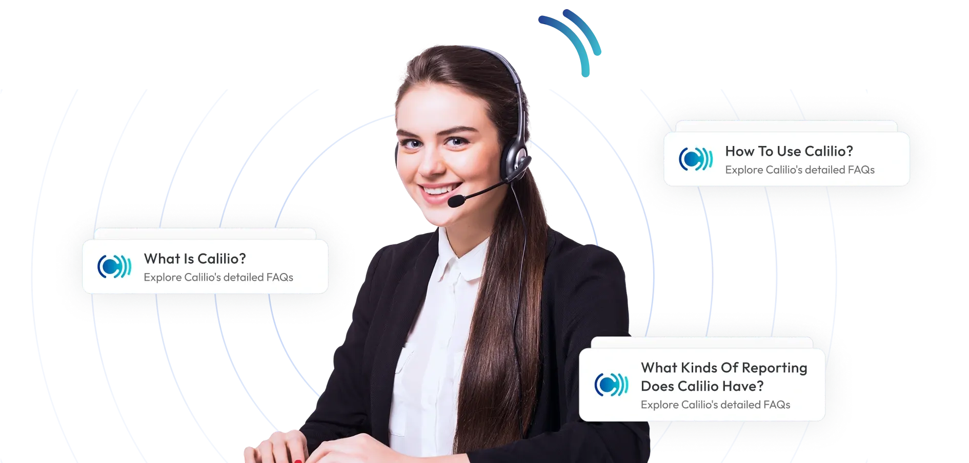 Calilio customer support agent with headset answering FAQs about setup and reporting